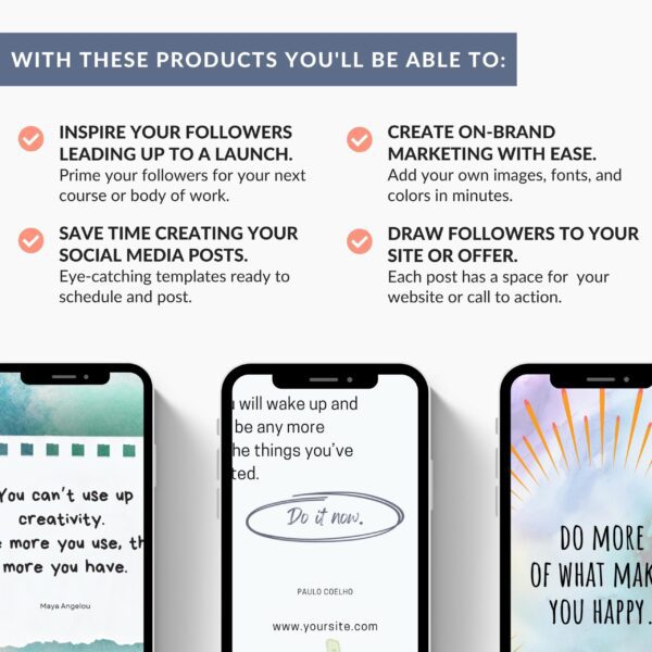 Text says with these products, you can inspire your followers, create on-brand marketing, save time posting to socials, draw followers to your site